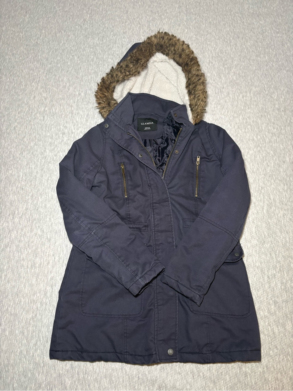 glam Navy Hooded Parka with Faux-Fur Trimmed Hood